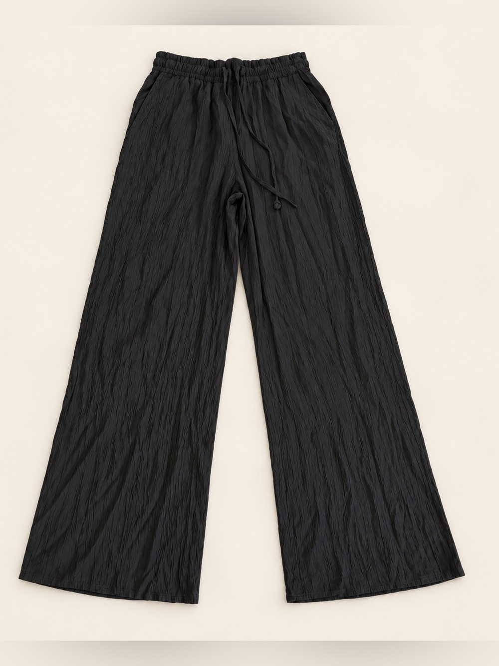 Zara Black Crinkle Textured Wide Leg Pants Size S Drawstring Waist